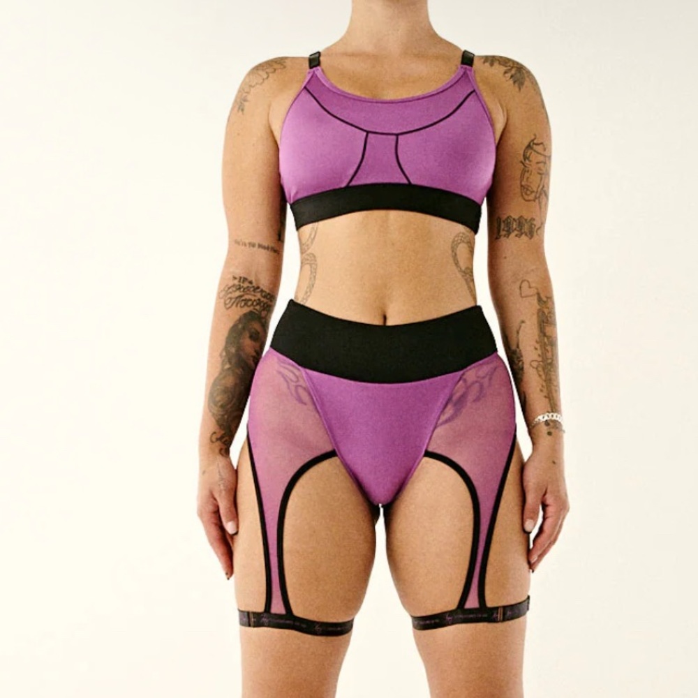 Purple Two-Piece Activewear Set with Garters